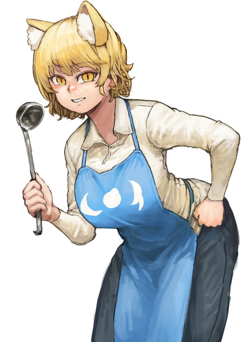 1girl absurdres animal_ears apron arched_back bangs bent_over black_pants blonde_hair blue_apron blush breasts chanta_(ayatakaoisii) collared_shirt ears extra_ears eyebrows_visible_through_hair fox_ears grin hair_between_eyes hand_on_hip highres hip_focus holding_ladle ladle large_breasts long_sleeves looking_at_viewer no_hat no_headwear pants reflective_eyes shiny shiny_hair shirt short_hair simple_background slit_pupils smile solo touhou white_background white_shirt yakumo_ran yellow_eyes