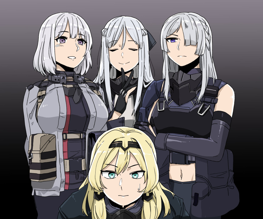 4girls ak-12_(girls_frontline) ak-15_(girls_frontline) an-94_(girls_frontline) anyan_(jooho) blonde_hair blue_eyes braid closed_eyes eyebrows_visible_through_hair french_braid girls_frontline gloves hair_over_one_eye hairband highres jacket long_hair mask_around_neck midriff multiple_girls navel pouch rpk-16_(girls_frontline) sidelocks silver_hair smile sweatdrop violet_eyes