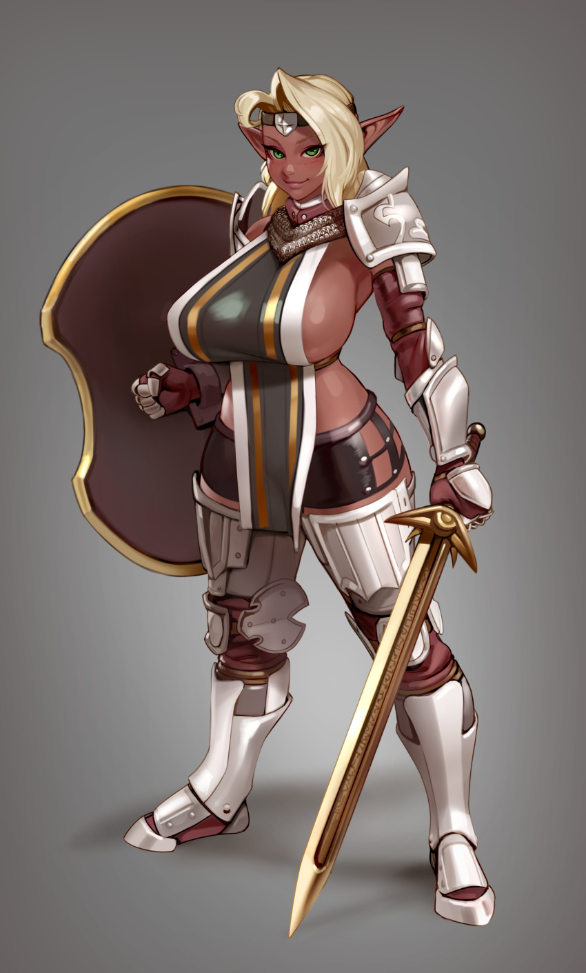 1girl absurdres armored_boots blonde_hair blush boots breasts chainmail commentary dark_elf dark_skin detached_sleeves elf english_commentary fantasy faulds forehead_protector full_body gauntlets gorget greaves green_eyes grey_background headband highres hip_vent holding holding_shield holding_sword holding_weapon kairuhentai knee_pads large_breasts left-handed lips looking_at_viewer medium_hair miniskirt no_bra original pauldrons pelvic_curtain pointy_ears runes shield skirt smile solo standing sword tabard thigh-highs weapon