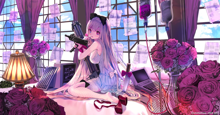 1girl :d bangs bare_shoulders black_bow blush bow breasts candy commentary_request curtains day dress eyebrows_visible_through_hair fishnet_legwear fishnets flower food gatling_gun gun hair_bow heart heart-shaped_pupils highres holding holding_food holding_gun holding_lollipop holding_weapon indoors intravenous_drip john_hathway keyboard_(computer) knife lamp large_breasts lollipop long_hair looking_at_viewer looking_to_the_side mac-10 minigun monitor no_shoes open_mouth original planted_knife planted_weapon red_bow red_eyes red_flower red_footwear red_rose rose shoes_removed silver_hair sitting sleeveless sleeveless_dress smile solo submachine_gun symbol-shaped_pupils thigh-highs transparent vase very_long_hair wariza weapon white_bow white_dress window