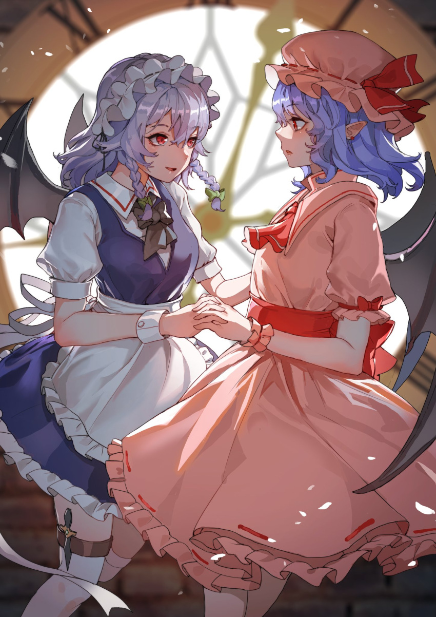 2girls apron ascot bat_wings blue_dress blue_hair bow braid clock dress eye_contact green_bow hair_bow hat highres holding_hands holster izayoi_sakuya knife looking_at_another maid_headdress medium_hair mob_cap multiple_girls pink_headwear pink_shirt pink_skirt pointy_ears puffy_short_sleeves puffy_sleeves red_eyes red_neckwear remilia_scarlet ribbon-trimmed_skirt ribbon_trim shirt short_sleeves silver_hair skirt skirt_set smile thigh_holster touhou twin_braids vampire waist_apron white_legwear wings wrist_cuffs