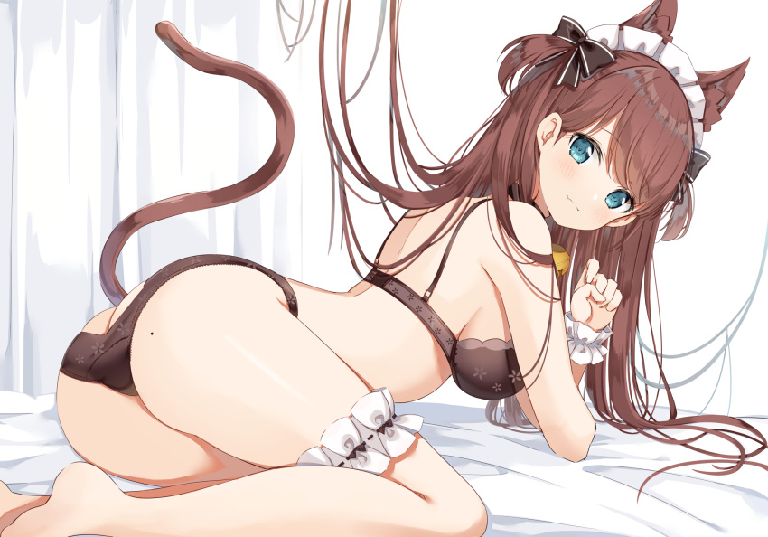 1girl animal_ears ass bare_shoulders barefoot black_bow black_bra black_panties blue_eyes bow bra breasts brown_hair cat_ears cat_girl cat_tail commentary_request hair_bow headdress highres leg_garter long_hair looking_at_viewer looking_to_the_side medium_breasts mole_on_ass original panties solo tail tail_raised underwear underwear_only wrist_cuffs yuzu-aki