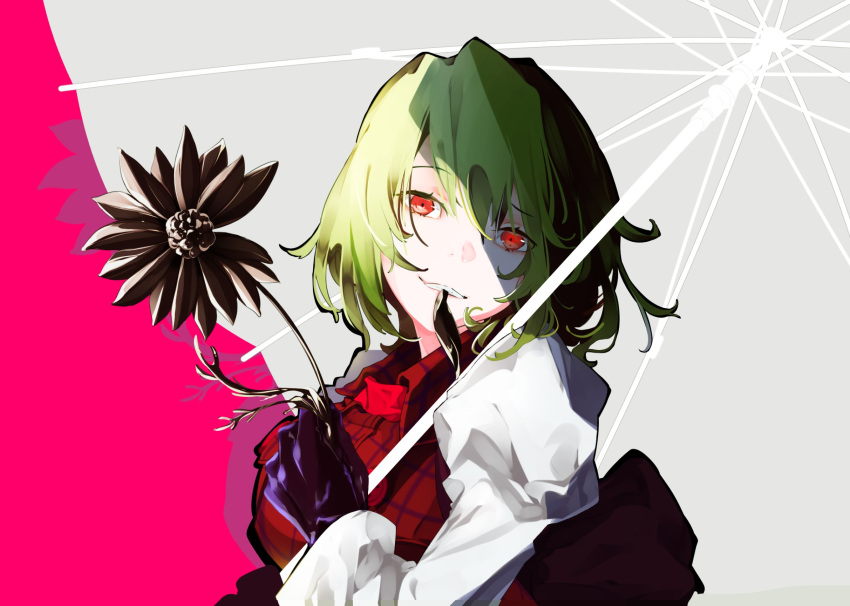 1girl black_gloves flower gloves green_hair grin highres holding holding_flower juliet_sleeves kazami_yuuka long_sleeves looking_at_viewer maimuro plaid plaid_vest puffy_sleeves red_eyes red_vest shirt short_hair smile solo symbol_commentary teeth_hold touhou umbrella upper_body vest white_shirt white_umbrella