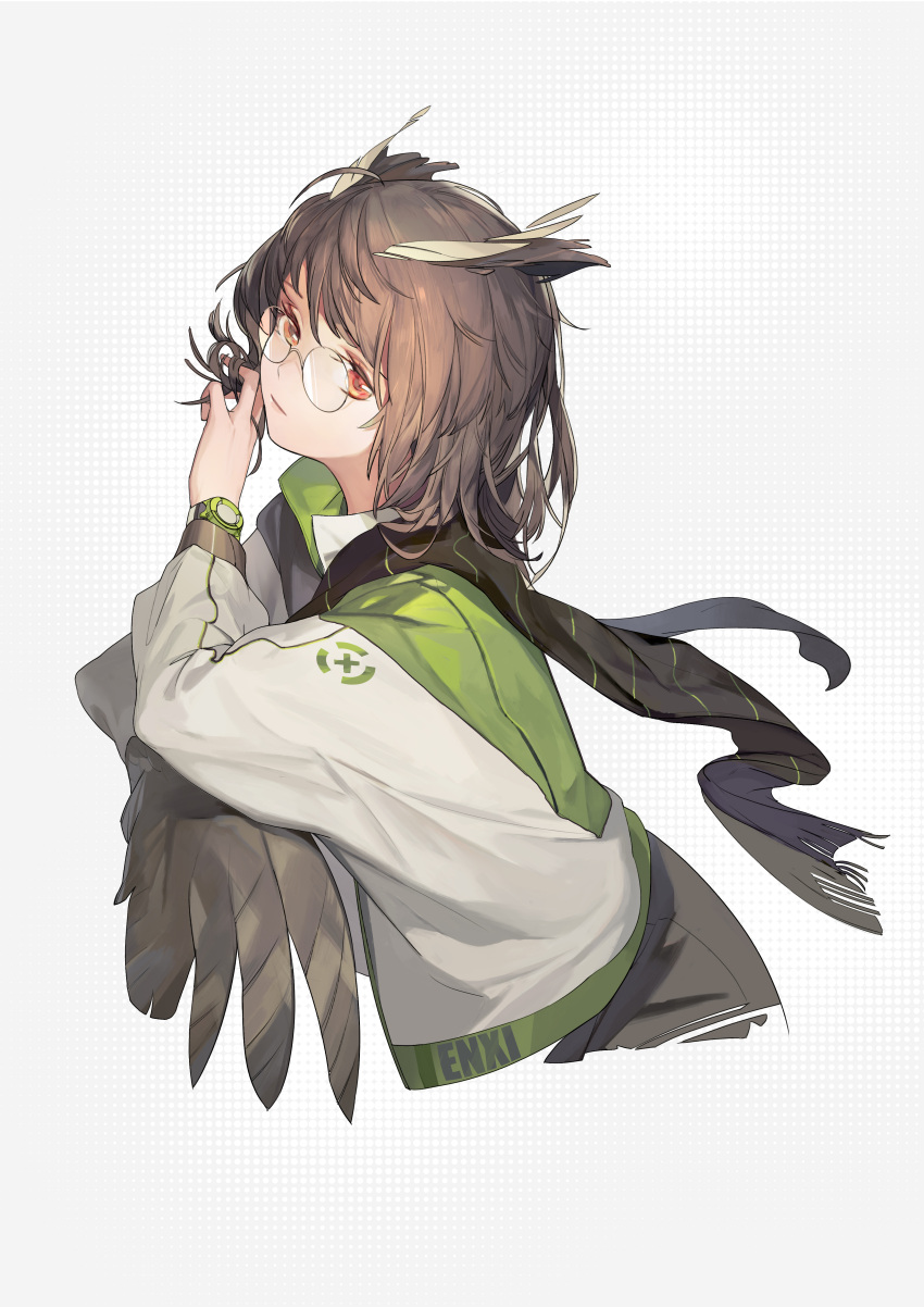 1girl absurdres arknights black_scarf brown_eyes brown_hair feathers glasses hand_in_hair highres ifrit_(arknights) jacket long_sleeves looking_at_viewer medium_hair scarf simple_background solo upper_body white_background wulifeng