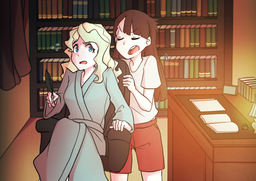 2girls alternate_costume blonde_hair blue_eyes book bookshelf brown_hair couple diana_cavendish kagari_atsuko lamp lampshade little_witch_academia long_hair multicolored_hair multiple_girls paper robe shirt shorts surprised table two-tone_hair usbfan wavy_hair white_shirt yuri