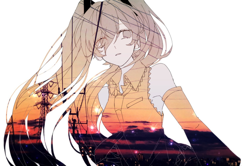 1girl bare_shoulders blank_eyes commentary detached_sleeves double_exposure eiku expressionless hair_ornament hatsune_miku headphones long_hair looking_to_the_side necktie photo shirt shoulder_tattoo sleeveless sleeveless_shirt solo tattoo twintails upper_body very_long_hair vocaloid white_background