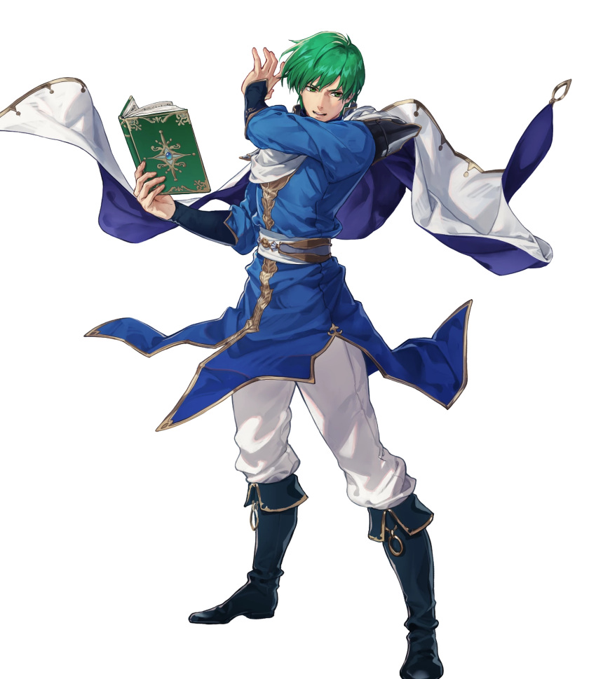 1boy belt book boots cape ced_(fire_emblem) fire_emblem fire_emblem:_genealogy_of_the_holy_war fire_emblem_heroes full_body green_eyes green_hair highres official_art open_mouth solo suda_ayaka teeth transparent_background