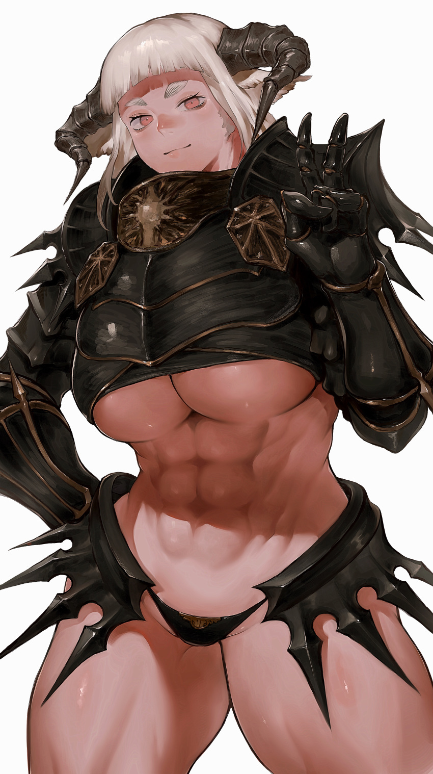 1girl abs absurdres animal_ears armor bangs bikini_armor black_armor blunt_bangs breasts commentary_request cowboy_shot crop_top faulds gauntlets groin hand_on_hip highres horns huge_breasts ibuo_(ibukht1015) long_hair looking_at_viewer midriff muscle muscular_female navel original pauldrons pink_eyes pointy_ears shoulder_armor sidelocks simple_background smile solo spiked_armor standing thick_eyebrows thick_thighs thighs under_boob v white_background white_hair