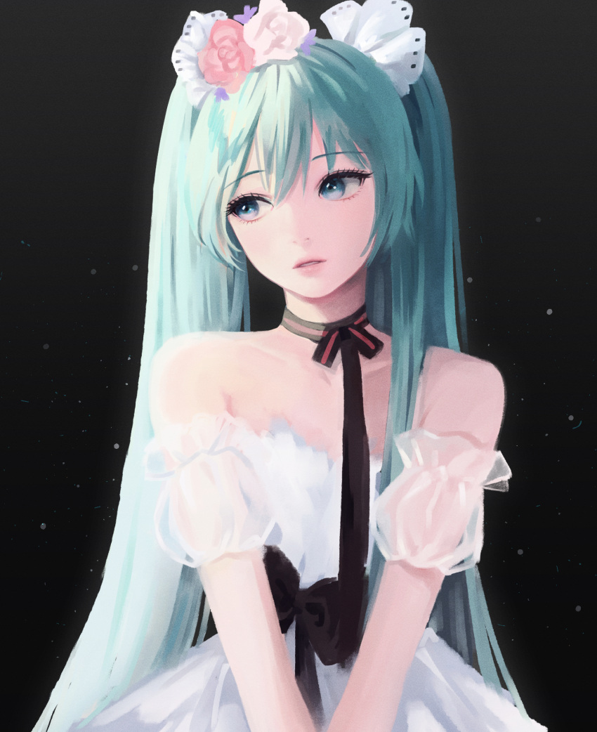 1girl aqua_eyes aqua_hair ballerina bare_shoulders black_background black_bow black_ribbon bow bowtie commentary detached_sleeves dress expressionless flower frilled_sleeves frills hair_flower hair_ornament hands_together hatsune_miku highres korean_commentary lips long_hair looking_to_the_side miku_with_you_(vocaloid) neck_ribbon parted_lips puffy_sleeves ribbon see-through_sleeves short_sleeves solo strapless strapless_dress take_heart7 twintails upper_body very_long_hair vocaloid white_dress