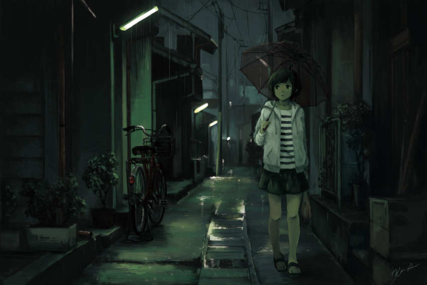1girl bag bicycle ground_vehicle highres holding holding_umbrella hood hoodie jacket kensight328 lamppost night original outdoors plant plastic_bag potted_plant rain reflective_floor sandals scenery shirt short_hair signature skirt striped striped_shirt telephone_pole umbrella white_jacket