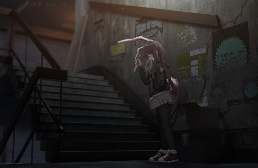 1girl alternate_costume alternate_footwear animal_ears bandage_on_face black_jacket black_legwear blurry blurry_background box bunny_tail cardboard_box cigarette commentary_request constricted_pupils depth_of_field ear_grab furahata_gen grey_skirt hand_in_pocket handrail head_tilt highres jacket lockbox long_hair looking_down miniskirt pantyhose pleated_skirt poster_(object) purple_hair rabbit_ears red_eyes red_footwear reisen_udongein_inaba shoes skirt smoking sneakers solo stairs standing tail touhou very_long_hair wide_shot