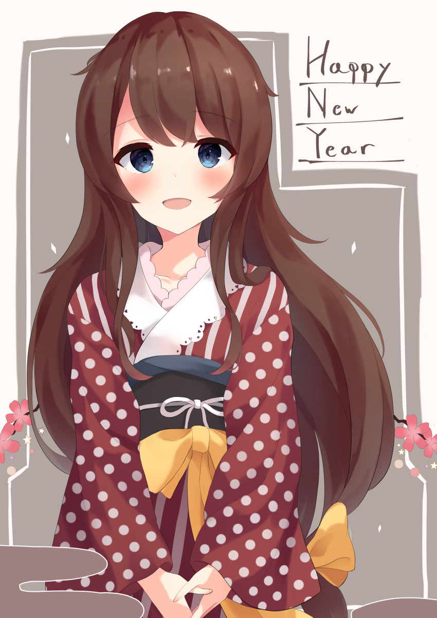 1girl :d absurdres bangs blue_eyes bow brown_hair collarbone egasumi eyebrows_visible_through_hair flower grey_background hands_together happy_new_year highres japanese_clothes kimono long_hair long_sleeves looking_at_viewer low-tied_long_hair mizu_(lzzrwi603) new_year obi open_mouth original own_hands_together polka_dot polka_dot_kimono red_flower red_kimono sash smile solo star two-tone_background very_long_hair white_background wide_sleeves yellow_bow