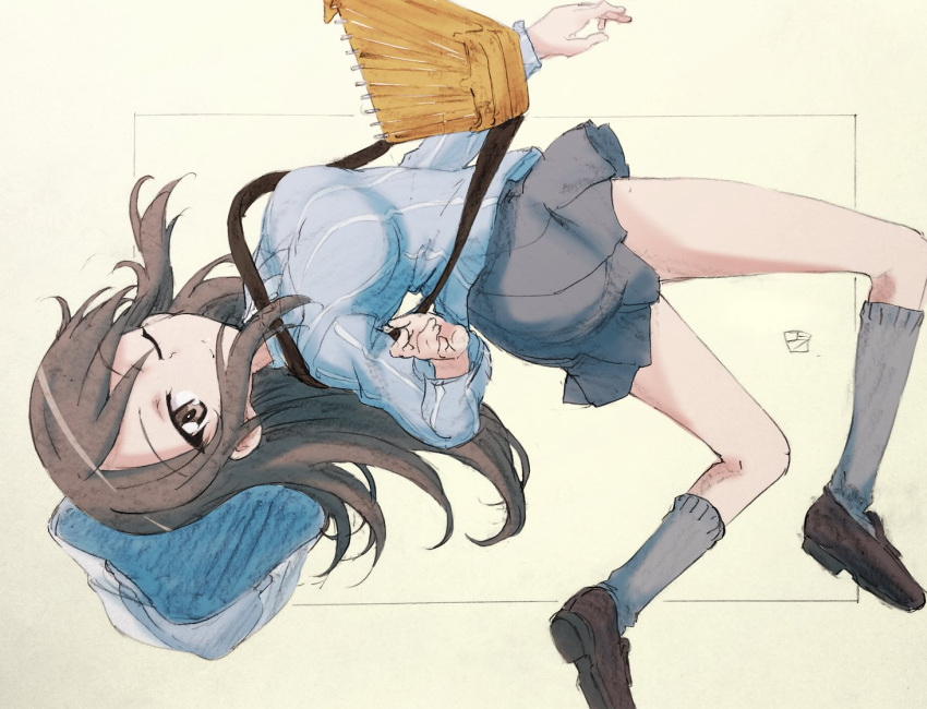 1girl ;) artist_logo black_border blue_footwear blue_headwear blue_shirt border brown_eyes brown_hair carrying commentary dress_shirt floating girls_und_panzer grey_legwear grey_skirt hat instrument kantele keizoku_school_uniform loafers long_hair long_sleeves looking_at_viewer lying mika_(girls_und_panzer) miniskirt on_back one_eye_closed pleated_skirt robinsonk9999 school_uniform shirt shoes skirt smile socks solo striped striped_shirt traditional_dress vertical-striped_shirt vertical_stripes white_shirt yellow_background