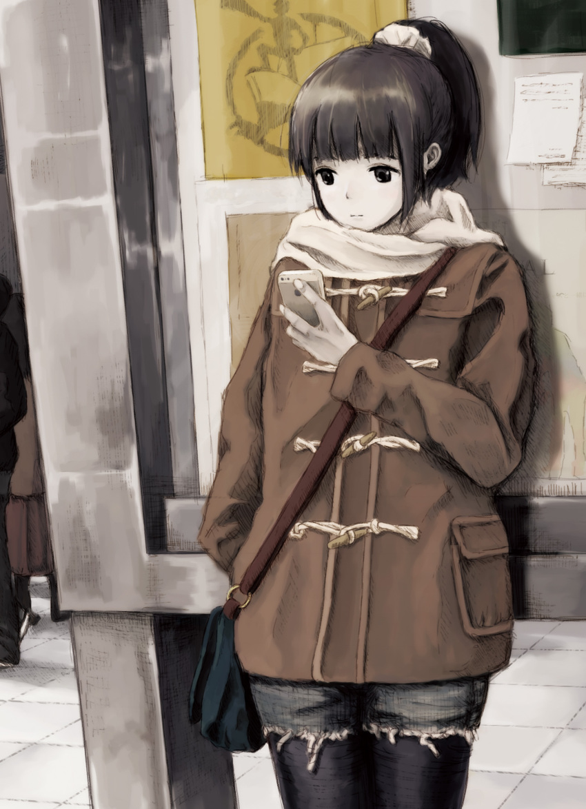 1girl bag board cellphone duffel_coat hand_in_pocket highres kensight328 legwear_under_shorts original outdoors pantyhose phone ponytail ponytail_holder scarf shorts smartphone solo_focus winter