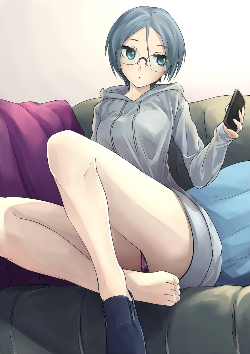 1girl bangs barefoot blue_eyes casual commentary_request controller couch drawstring girls_und_panzer glasses grey_hair grey_shirt highres holding hood hood_down hoodie indoors kakimoto_nao legs_up loafers long_sleeves looking_at_viewer no_pants on_couch panties pantyshot pantyshot_(sitting) pillow purple_panties remote_control round_eyewear rumi_(girls_und_panzer) shirt shoes short_hair single_shoe sitting solo swept_bangs underwear