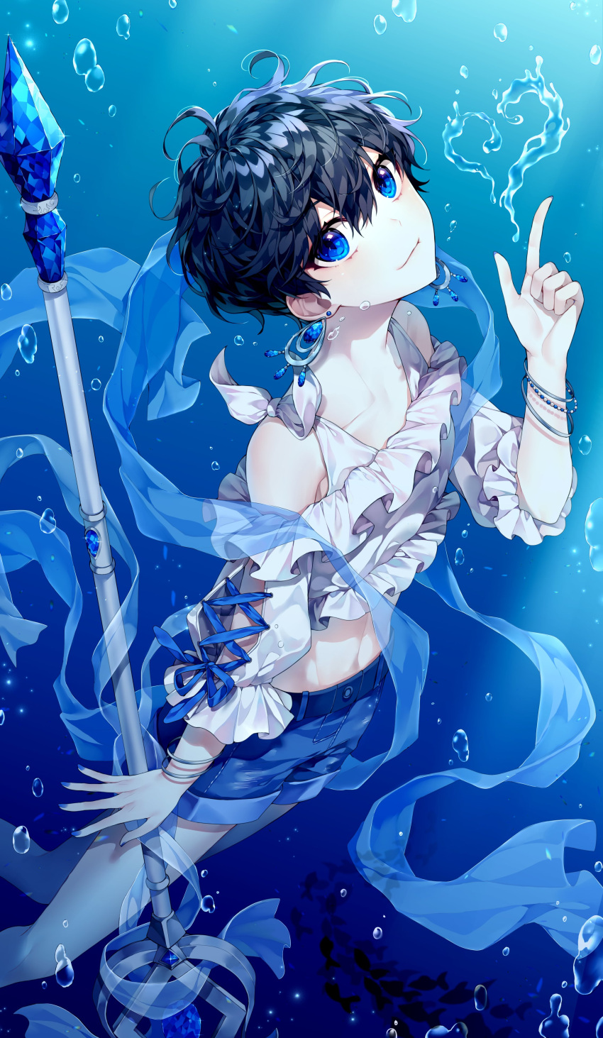 absurdres air_bubble androgynous arm_up bare_legs bare_shoulders black_hair blue_eyes blue_shorts bracelet bubble closed_mouth collarbone commentary_request copyright_request detached_sleeves earrings ha_youn heart highres jewelry looking_at_viewer puffy_sleeves short_hair shorts smile solo staff underwater