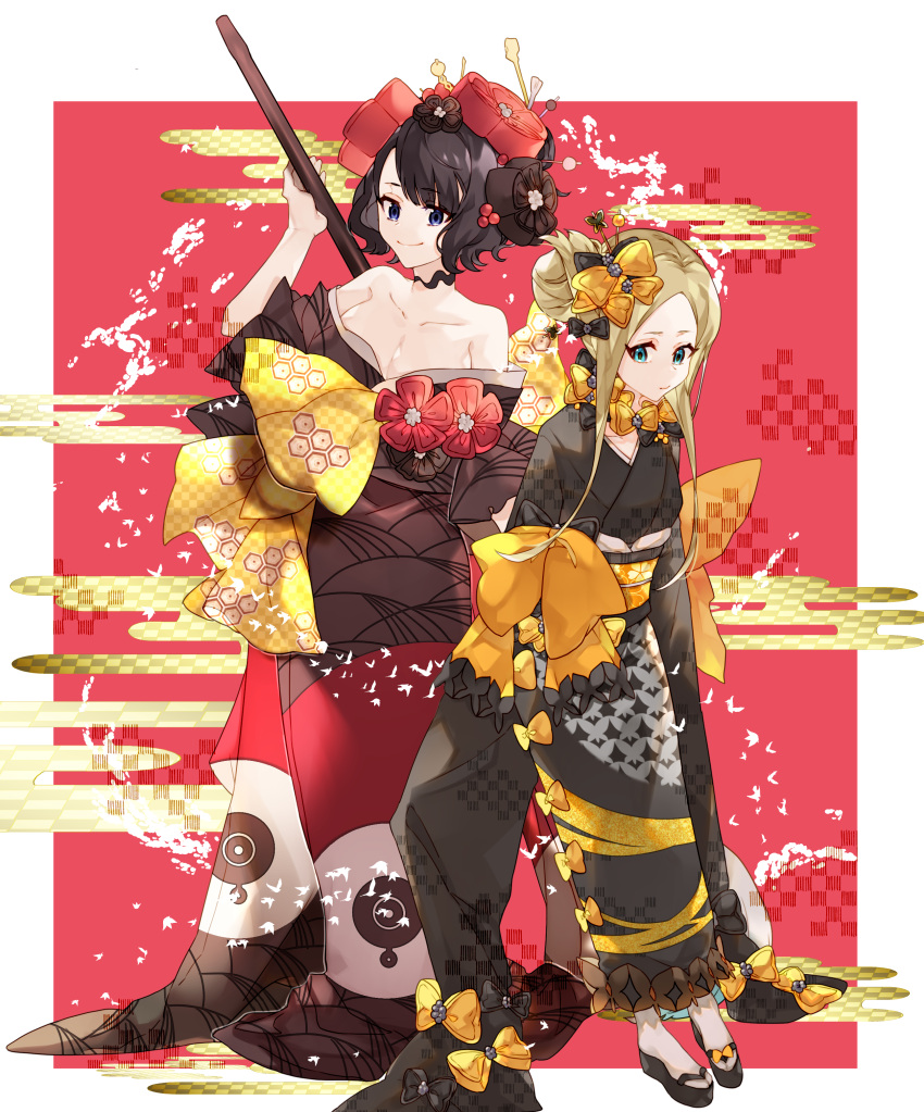 2girls abigail_williams_(fate/grand_order) absurdres animal_print bangs bare_shoulders black_bow black_flower black_kimono blue_eyes bow breasts butterfly_print collarbone commentary_request eyebrows_visible_through_hair fate/grand_order fate_(series) flower hair_bow hair_bun hair_flower hair_ornament highres japanese_clothes kamo860 katsushika_hokusai_(fate/grand_order) kimono large_breasts long_hair looking_at_viewer multiple_girls orange_bow parted_bangs purple_hair red_flower red_kimono short_hair small_breasts smile