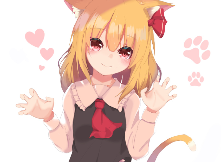 1girl animal_ears arms_up black_vest blonde_hair blush cat_ears cat_tail claw_pose commentary cravat eyebrows_visible_through_hair hair_between_eyes hair_ribbon head_tilt heart heart_background iroha_(pcrx7327) kemonomimi_mode long_sleeves looking_at_viewer paw_background pink_shirt red_eyes red_neckwear ribbon rumia shirt short_hair smile solo standing tail touhou upper_body vest white_background