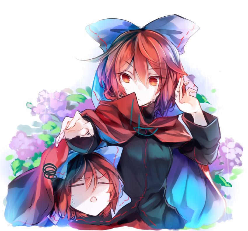 1girl black_shirt blue_bow bow cape disembodied_head eyebrows_visible_through_hair flower hair_bow hand_up high_collar kutsuki_kai leaf long_sleeves looking_down multiple_heads open_mouth outstretched_hand red_cape red_eyes redhead sekibanki shirt short_hair squiggle sweatdrop touhou upper_body white_background