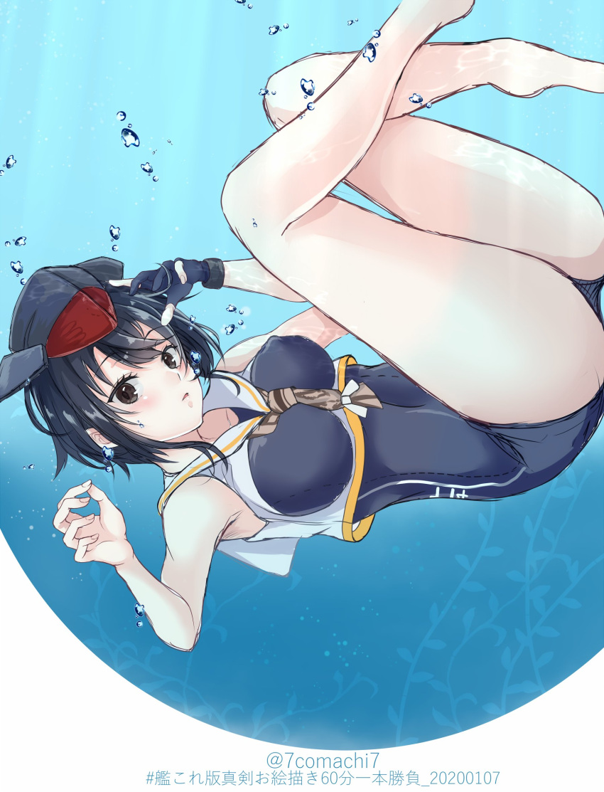 1girl 7comachi7 air_bubble asymmetrical_hair black_hair black_swimsuit brown_eyes bubble commentary_request framed_breasts gloves hair_between_eyes hat headphones highres i-14_(kantai_collection) kantai_collection looking_at_viewer neckerchief partly_fingerless_gloves sailor_collar school_swimsuit short_hair single_glove solo swimsuit underwater