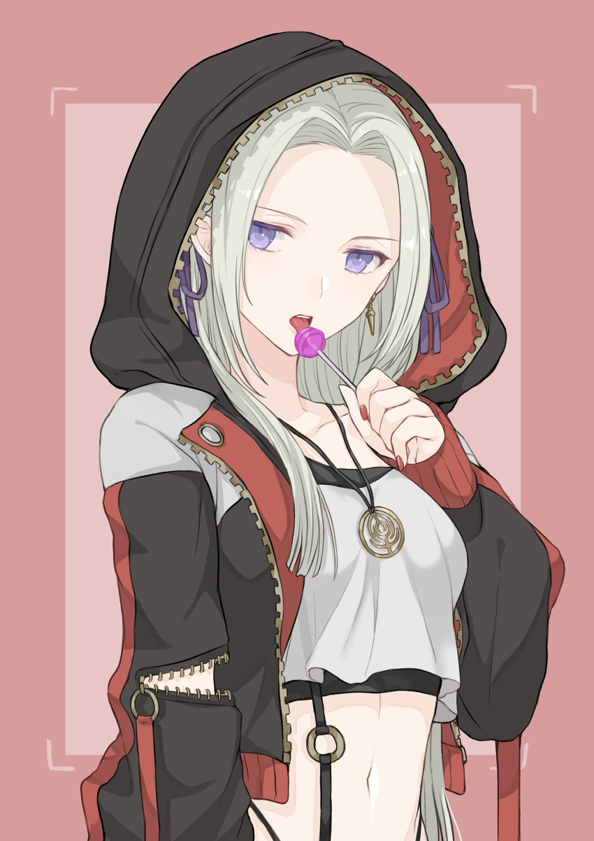 1girl akina_(akn_646) alternate_costume black_jacket blue_eyes border breasts candy casual collarbone commentary_request crop_top cute earrings edelgard_von_hresvelg fire_emblem fire_emblem:_three_houses fire_emblem:_three_houses fire_emblem_16 food forehead hair_ribbon highres holding holding_food hood hood_up hooded_jacket intelligent_systems jacket jewelry licking lollipop long_hair long_sleeves nail_polish navel necklace nintendo o-ring open_clothes open_jacket outside_border pink_background pink_border purple_ribbon red_nails ribbon silver_hair small_breasts solo tongue tongue_out unzipped upper_body