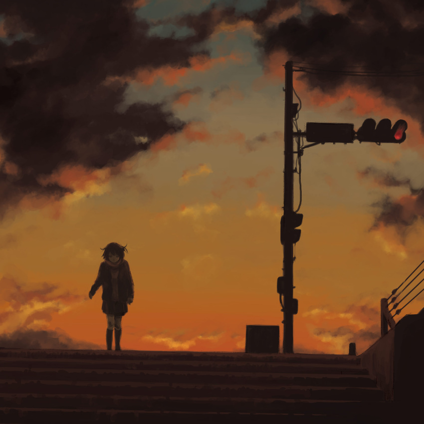 1girl absurdres closed_eyes clouds cloudy_sky evening highres jacket kensight328 original railing scarf short_hair sky socks solo stairs sunset traffic_light