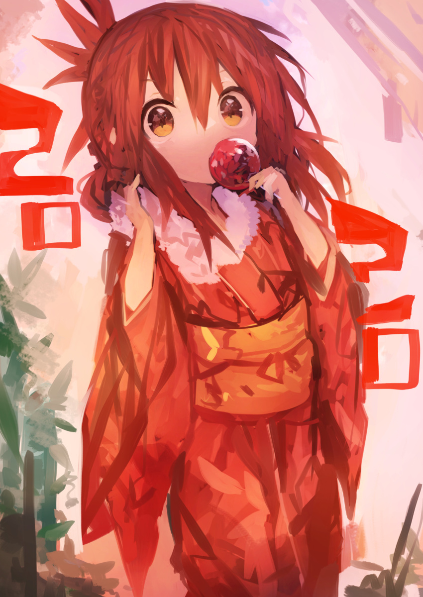 1girl 2020 absurdres alternate_costume brown_eyes brown_hair candy_apple commentary_request folded_ponytail food hair_between_eyes highres holding holding_food inazuma_(kantai_collection) japanese_clothes kaamin_(mariarose753) kantai_collection kimono long_hair long_sleeves obi red_kimono sash solo wide_sleeves
