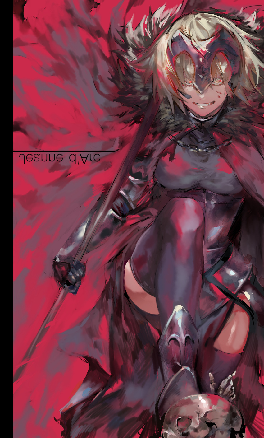 1girl absurdres bad_id bad_twitter_id blonde_hair blood blood_on_face cape chain commentary_request dress fate/grand_order fate_(series) fur_trim gauntlets grin headpiece highres irorigumi jeanne_d'arc_(alter)_(fate) jeanne_d'arc_(fate)_(all) looking_at_viewer short_hair skull smile solo thigh-highs yellow_eyes
