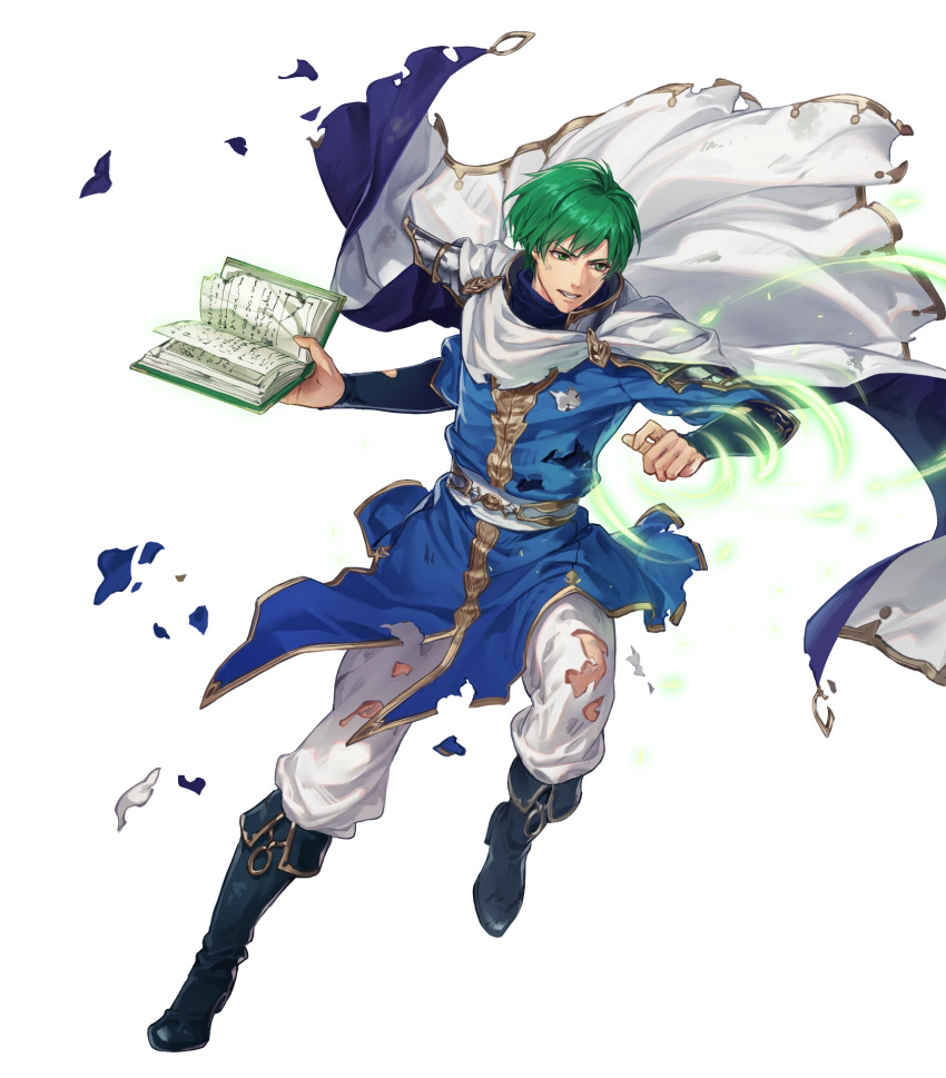 1boy belt book boots cape ced_(fire_emblem) fire_emblem fire_emblem:_genealogy_of_the_holy_war fire_emblem_heroes full_body green_eyes green_hair highres injury official_art solo suda_ayaka teeth torn_clothes transparent_background wind