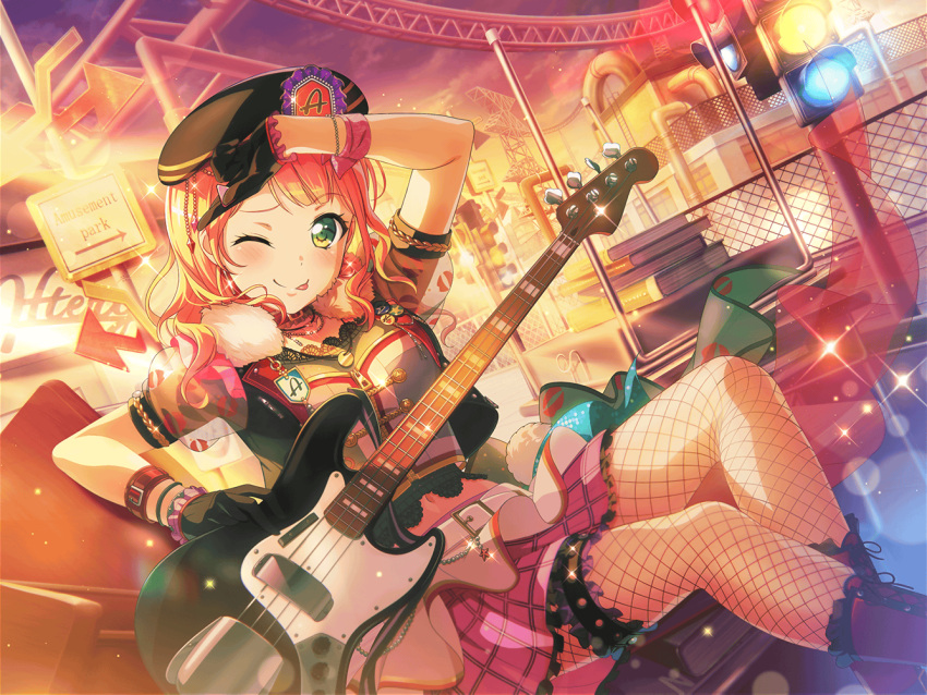 1girl arrow_(symbol) bang_dream! bass_guitar blush book_stack dress green_eyes looking_at_viewer official_art pink_hair short_hair smile solo sparkle sunset tongue_out traffic_light uehara_himari wink