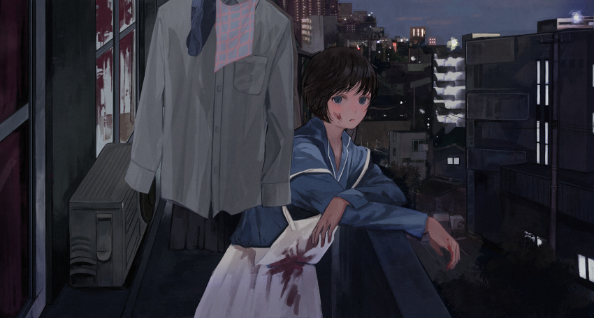 1girl absurdres air_conditioner apron black_hair blood blood_on_face blood_stain bloody_clothes bloody_hands blue_eyes bob_cut building cityscape highres leaning_on_rail looking_at_viewer maoyasumisumi napkin night open_mouth original pajamas shirt skirt solo veranda window