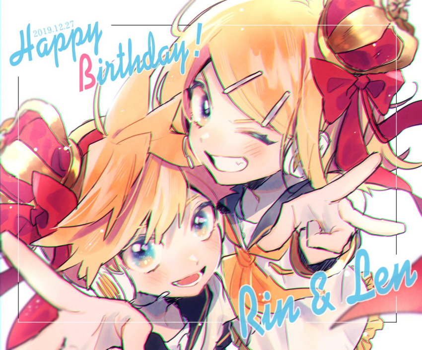 1boy 1girl 2019 bangs bare_shoulders black_collar black_sleeves blonde_hair blue_eyes bow character_name collar commentary crop_top crown dated detached_sleeves grin hair_bow hair_ribbon happy_birthday headphones headset highres kagamine_len kagamine_rin kouhara_yuyu looking_at_viewer neckerchief one_eye_closed open_mouth red_ribbon ribbon sailor_collar school_uniform shirt short_hair short_sleeves sleeveless sleeveless_shirt smile spiky_hair swept_bangs upper_body v vocaloid white_background white_shirt yellow_neckwear