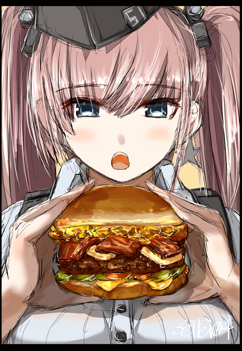 1girl atlanta_(kantai_collection) bangs black_border blue_eyes blush border breasts brown_hair earrings eyebrows_visible_through_hair food garrison_cap hamburger hat headgear highres holding holding_food jewelry kantai_collection large_breasts long_hair no_gloves open_mouth see-through seitei_(04seitei) signature simple_background single_earring sketch star star_earrings twintails yellow_background