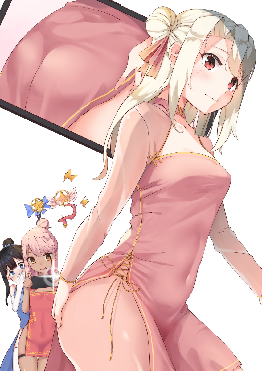 3girls absurdres bangs black_hair blonde_hair blue_dress blue_eyes blush breasts cellphone china_dress chinese_clothes chloe_von_einzbern commentary_request dark_skin dress eyebrows_visible_through_hair fate/kaleid_liner_prisma_illya fate_(series) from_side hair_bun hand_on_own_ass highres holding holding_cellphone holding_phone illyasviel_von_einzbern lingnerpoi long_hair miyu_edelfelt multiple_girls open_mouth phone pink_dress red_eyes ribbon simple_background small_breasts smartphone smile solo staff star thigh-highs white_background white_hair white_legwear