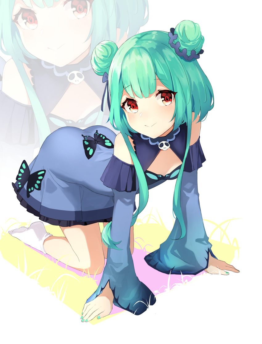 1girl absurdres all_fours arm_support bangs bare_shoulders blue_dress bug butterfly closed_mouth commentary_request double_bun dress eyebrows_visible_through_hair frilled_dress frills full_body green_hair green_nails highres hololive insect long_hair long_sleeves looking_at_viewer meng_ge_3_(565571710) nail_polish no_shoes red_eyes shoulder_cutout sidelocks skull sleeves_past_wrists smile socks solo uruha_rushia very_long_hair virtual_youtuber white_legwear zoom_layer