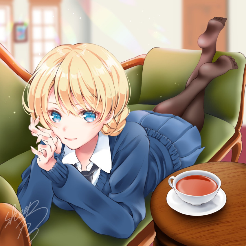 1girl artist_name bangs black_legwear black_neckwear blonde_hair blue_eyes blue_skirt blue_sweater blurry blurry_background braid closed_mouth commentary couch cup darjeeling_(girls_und_panzer) day depth_of_field dress_shirt dust_particles eyebrows_visible_through_hair girls_und_panzer highres indoors long_sleeves looking_at_viewer lying miniskirt necktie no_shoes on_couch on_stomach pantyhose pleated_skirt saucer school_uniform sheepd shirt short_hair signature skirt smile solo st._gloriana's_school_uniform sweater table tea teacup tied_hair twin_braids v-neck white_shirt wing_collar