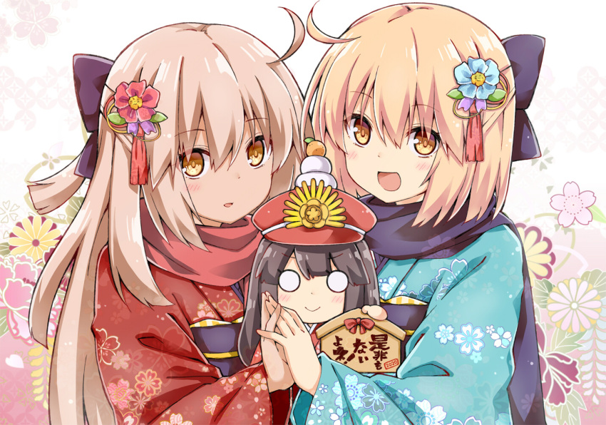 3girls :d ahoge bangs black_bow black_hair blonde_hair blue_flower blue_kimono blush bow brown_eyes brown_hair chibi closed_mouth commentary_request ema eyebrows_visible_through_hair family_crest fate/grand_order fate_(series) floral_background floral_print flower hair_between_eyes hair_bow hair_flower hair_ornament hands_together hat holding_hands japanese_clothes kagami_mochi kimono koha-ace long_hair long_sleeves looking_at_viewer minigirl multiple_girls o_o obi oda_nobunaga_(fate) oda_nobunaga_(fate)_(all) oda_uri okita_souji_(alter)_(fate) okita_souji_(fate) okita_souji_(fate)_(all) open_mouth parted_lips peaked_cap print_kimono red_flower red_headwear red_kimono rioshi sash smile upper_body wide_sleeves