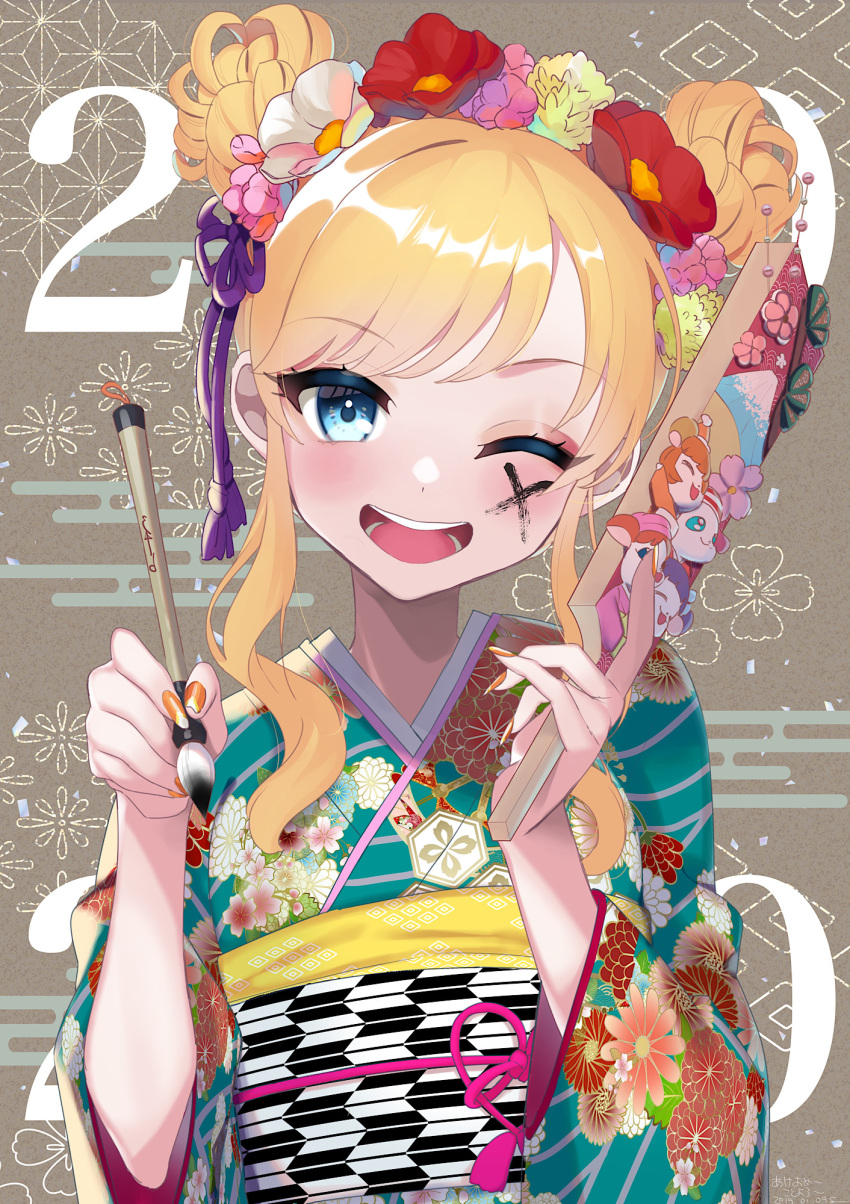 1girl bangs blonde_hair blue_eyes blush breasts commentary_request eyebrows_visible_through_hair facial_mark floral_print flower green_kimono hair_flower hair_ornament hair_ribbon highres holding htt idolmaster idolmaster_cinderella_girls japanese_clothes kimono long_hair looking_at_viewer ootsuki_yui open_mouth pink_flower purple_ribbon red_flower ribbon smile solo white_flower yellow_flower