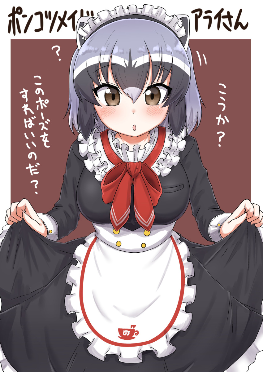 1girl ? absurdres alternate_costume animal_ears apron black_dress blue_hair blush bow brown_eyes collar commentary_request common_raccoon_(kemono_friends) cowboy_shot dress enmaided eyebrows_visible_through_hair frilled_collar frilled_dress frills grey_hair highres japari_symbol kemono_friends kemono_friends_3 long_sleeves maid maid_apron maid_dress maid_headdress multicolored_hair ngetyan raccoon_ears raccoon_girl red_bow red_neckwear skirt_hold sleeve_cuffs solo translation_request white_frills white_hair