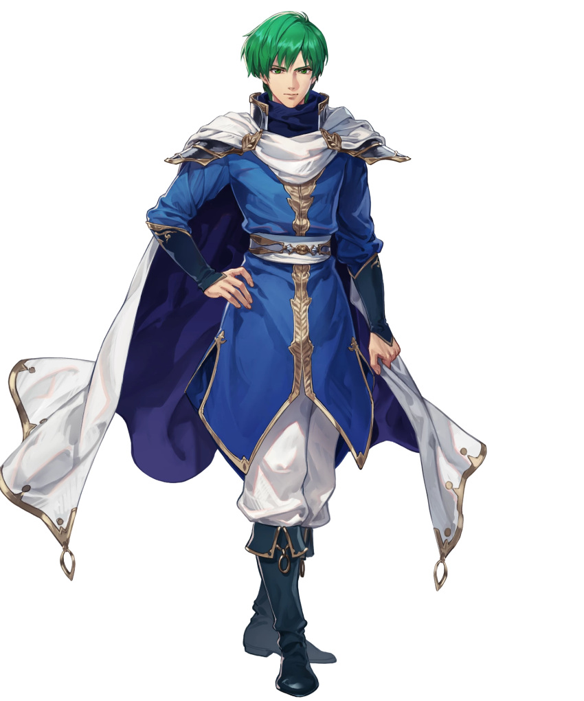 1boy belt boots cape ced_(fire_emblem) fire_emblem fire_emblem:_genealogy_of_the_holy_war fire_emblem_heroes full_body green_eyes green_hair highres official_art solo suda_ayaka transparent_background