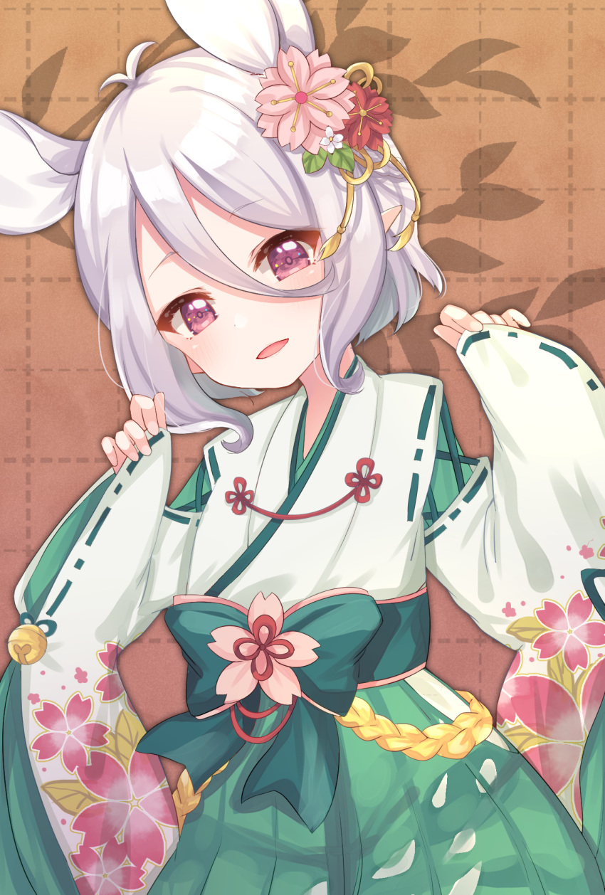 1girl :d animal_ears antenna_hair bangs blush bow brown_background brown_eyes commentary_request eyebrows_visible_through_hair floral_print flower green_bow green_hakama hair_between_eyes hair_flower hair_ornament hakama head_tilt highres japanese_clothes kimono kokkoro_(princess_connect!) long_sleeves mouse_ears open_mouth pinching_sleeves pink_flower pointy_ears princess_connect! princess_connect!_re:dive print_kimono red_flower ribbon-trimmed_sleeves ribbon_trim silver_hair sleeves_past_wrists smile solo suzu_(minagi) white_kimono wide_sleeves