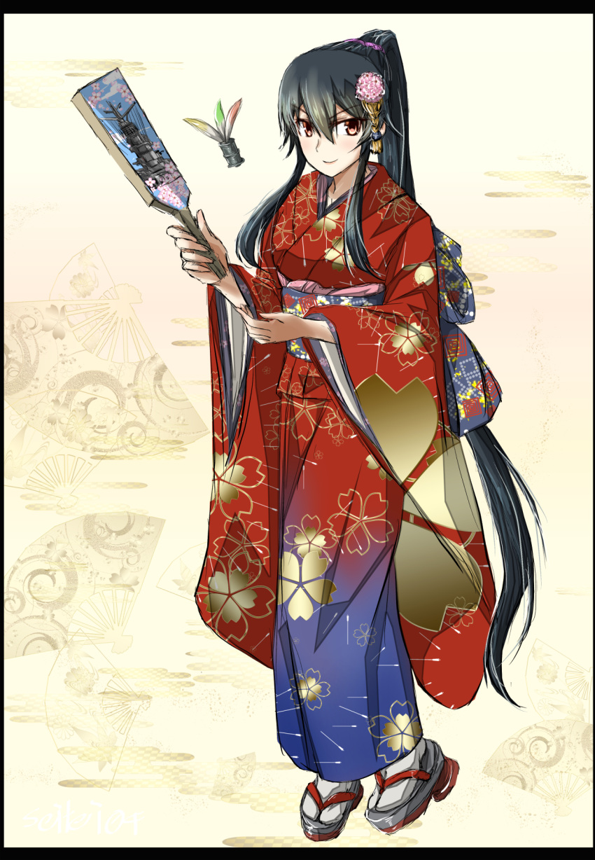 1girl alternate_costume bangs black_border black_hair blush border breasts brown_eyes eyebrows_visible_through_hair floral_print full_body hagoita hair_between_eyes hair_ornament hair_scrunchie highres holding japanese_clothes kantai_collection kimono long_hair long_sleeves new_year paddle ponytail red_kimono sandals scrunchie seitei_(04seitei) sidelocks smile solo standing very_long_hair wide_sleeves yahagi_(kantai_collection)