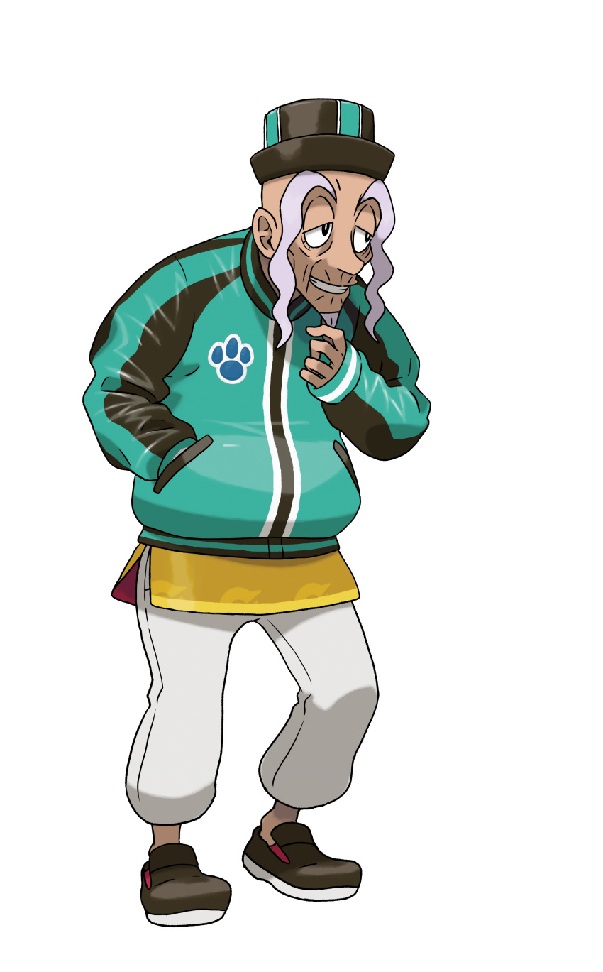 1boy absurdres bald beard black_footwear facial_hair full_body green_jacket hand_in_pocket hat highres hunched_over jacket male_focus mustard_(pokemon) official_art old_man outline pants pokemon pokemon_(game) pokemon_swsh solo stroking_beard transparent_background white_outline white_pants