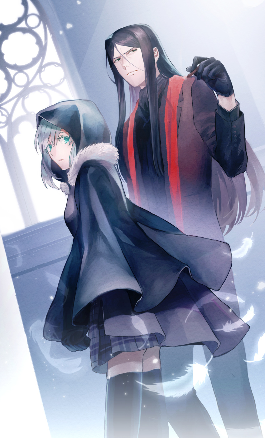 1boy 1girl absurdres black_cape black_gloves black_legwear cape capelet cigarette dutch_angle fate_(series) feathers fur-trimmed_capelet fur_trim gloves gray_(lord_el-melloi_ii) green_eyes grey_cape grey_hair hair_between_eyes highres holding holding_cigarette hood hood_up long_hair lord_el-melloi_ii lord_el-melloi_ii_case_files makimura_(miwmiw-cage) plaid plaid_skirt sidelocks skirt thigh-highs waver_velvet window