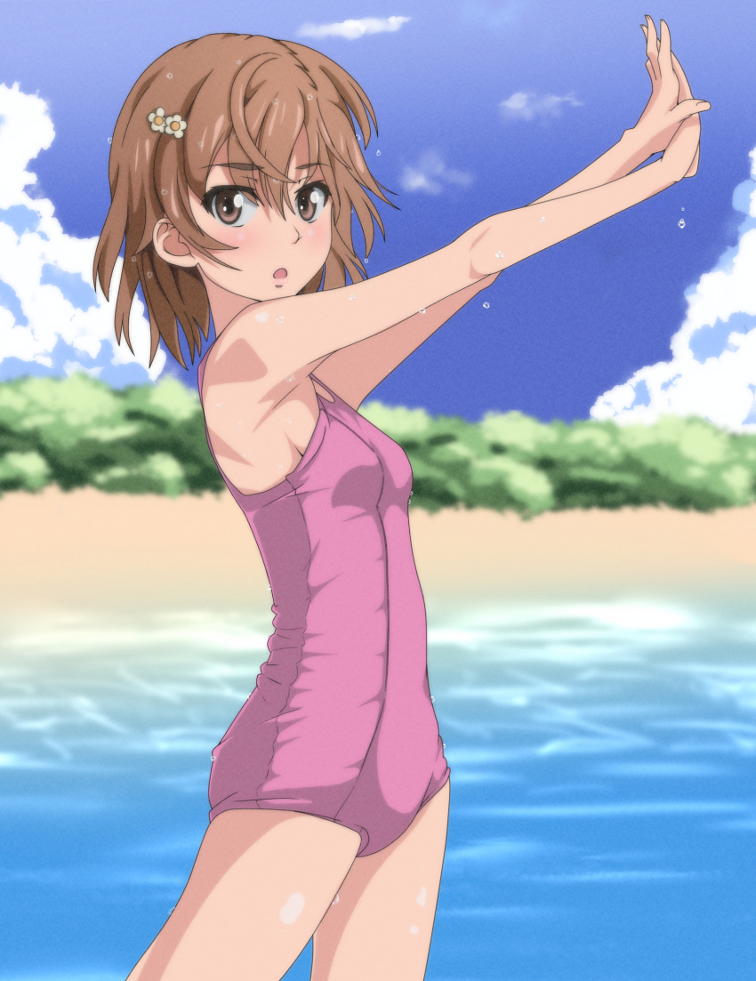 1girl alternate_color_school_swimsuit beach blue_sky blurry breasts brown_eyes brown_hair clouds commentary_request cowboy_shot dandere_(tetsudan) day depth_of_field highres looking_at_viewer misaka_mikoto new_school_swimsuit ocean outdoors pink_swimsuit school_swimsuit short_hair sky small_breasts solo swimsuit to_aru_kagaku_no_railgun to_aru_majutsu_no_index