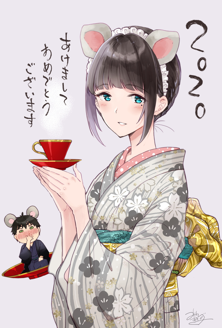 1boy 1girl animal_ears bangs black_hair blue_eyes blush cherry_blossom_print coffee_wo_shizuka_ni commentary_request covering_mouth cup eyebrows_visible_through_hair floral_print green_eyes grey_background grey_kimono hands_up highres holding_saucer japanese_clothes kimono long_sleeves looking_at_viewer maid_headdress miniboy miyabi_akino mole mole_under_eye mouse_ears nose_blush obi open_clothes parted_lips print_kimono sash saucer short_eyebrows signature simple_background thick_eyebrows translation_request upper_body v-shaped_eyebrows wide_sleeves