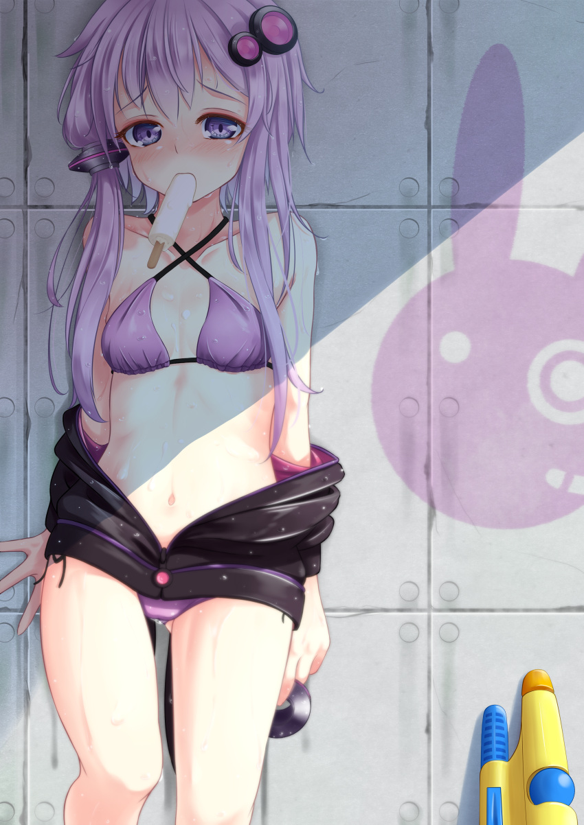 1girl absurdres against_wall ass_visible_through_thighs bare_shoulders bikini black_hoodie blush breasts clothes_down collarbone commentary_request criss-cross_halter food hair_ornament halter_top halterneck highres huge_filesize indica long_hair looking_at_viewer mouth_hold navel nose_blush popsicle purple_bikini purple_hair shade small_breasts solo standing swimsuit tareme unzipped violet_eyes voiceroid water_gun wet yuzuki_yukari