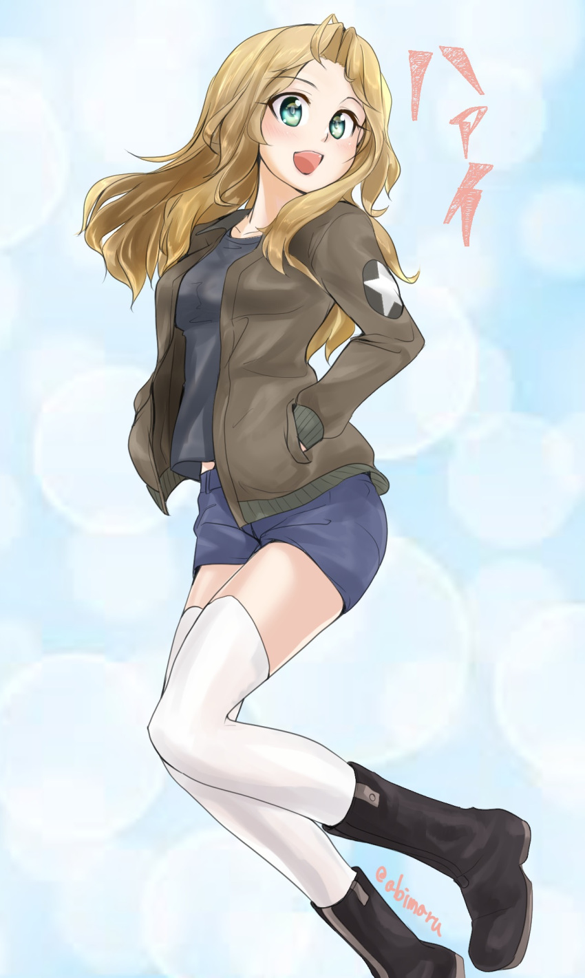 1girl :d abimaru_gup black_footwear black_shirt blonde_hair blue_background blue_eyes blue_shorts blurry bokeh boots brown_jacket commentary denim denim_shorts depth_of_field emblem floating girls_und_panzer hair_intakes hands_in_pockets highres jacket kay_(girls_und_panzer) long_hair long_sleeves looking_at_viewer military military_uniform open_clothes open_jacket open_mouth saunders_military_uniform shirt short_shorts shorts smile solo star thigh-highs translated twitter_username uniform white_legwear