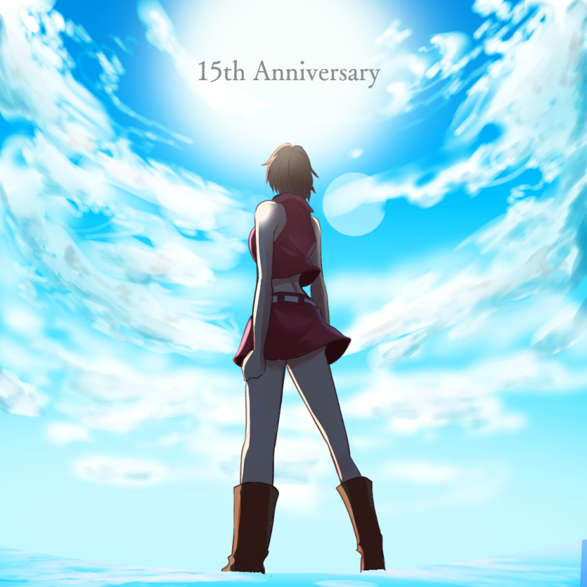 1girl anniversary backlighting bare_shoulders belt blue_sky boots brown_hair clouds cloudy_sky commentary crop_top d.g from_behind from_below full_body lens_flare meiko midriff miniskirt red_footwear red_shirt red_skirt shirt short_hair skirt sky sleeveless sleeveless_shirt solo standing vocaloid