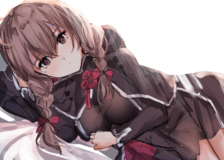 1girl absurdres black_capelet braid brown_dress brown_eyes brown_hair capelet cowboy_shot dress hair_ribbon highres hood hooded_capelet kagura_miyabi kantai_collection long_hair looking_at_viewer lying on_side ribbon shinshuu_maru_(kantai_collection) simple_background solo tress_ribbon twin_braids twitter_username white_background